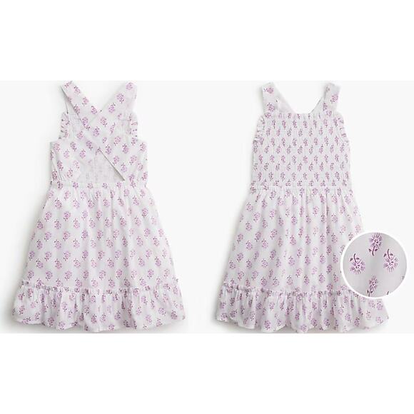 Crewcuts Factory | Girls' Block-Print Smocked Cross-Back Dress White Violet | 16 - Picture 1 of 9